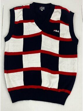 Fila Men's XL Checkered Check Sleeveless Knit Sweater Vest Acrylic V-Neck R/W/B